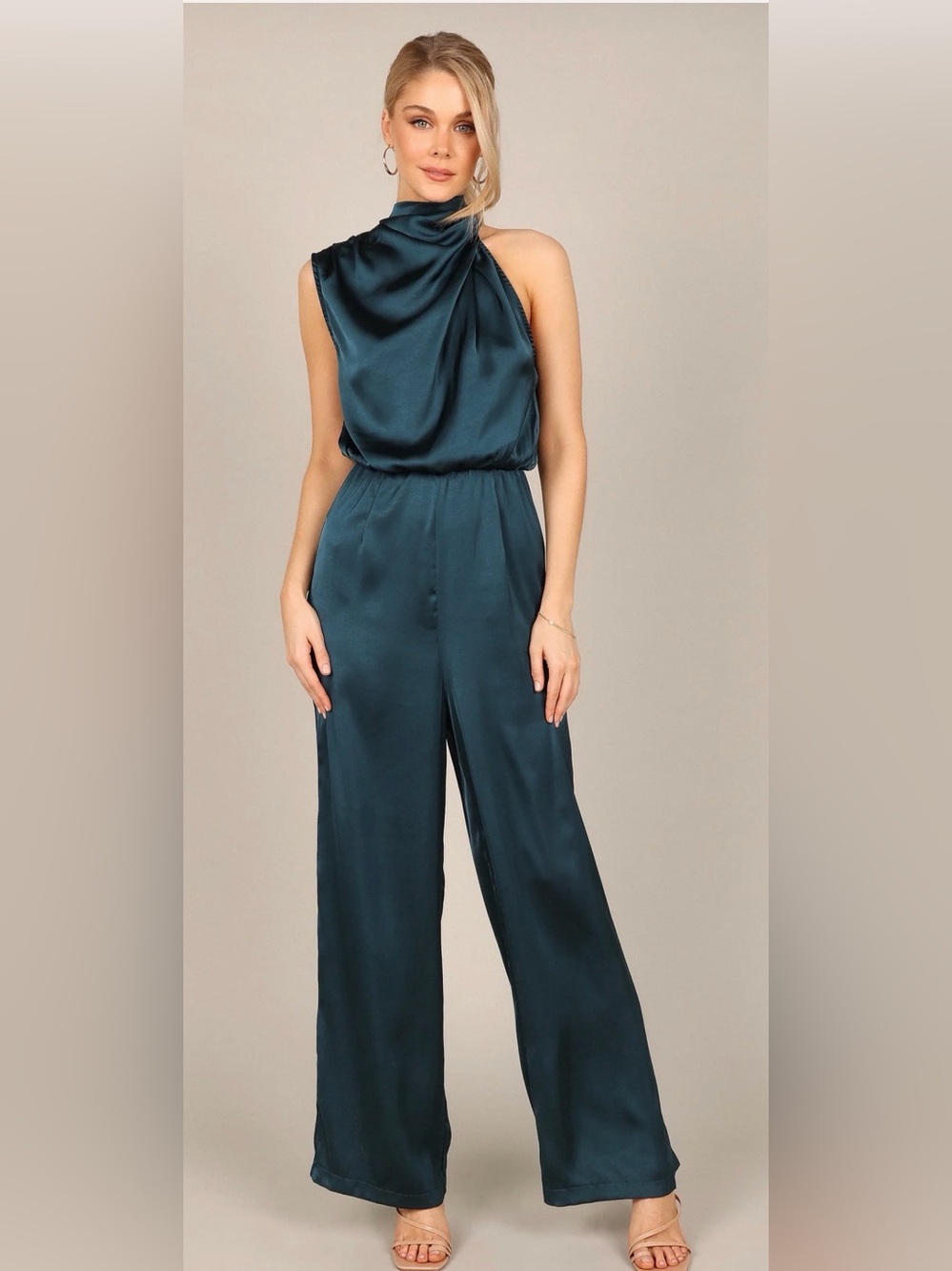 Petal & Pup Savannah Satin High-Neck Teal Wide-Leg Jumpsuit Size M